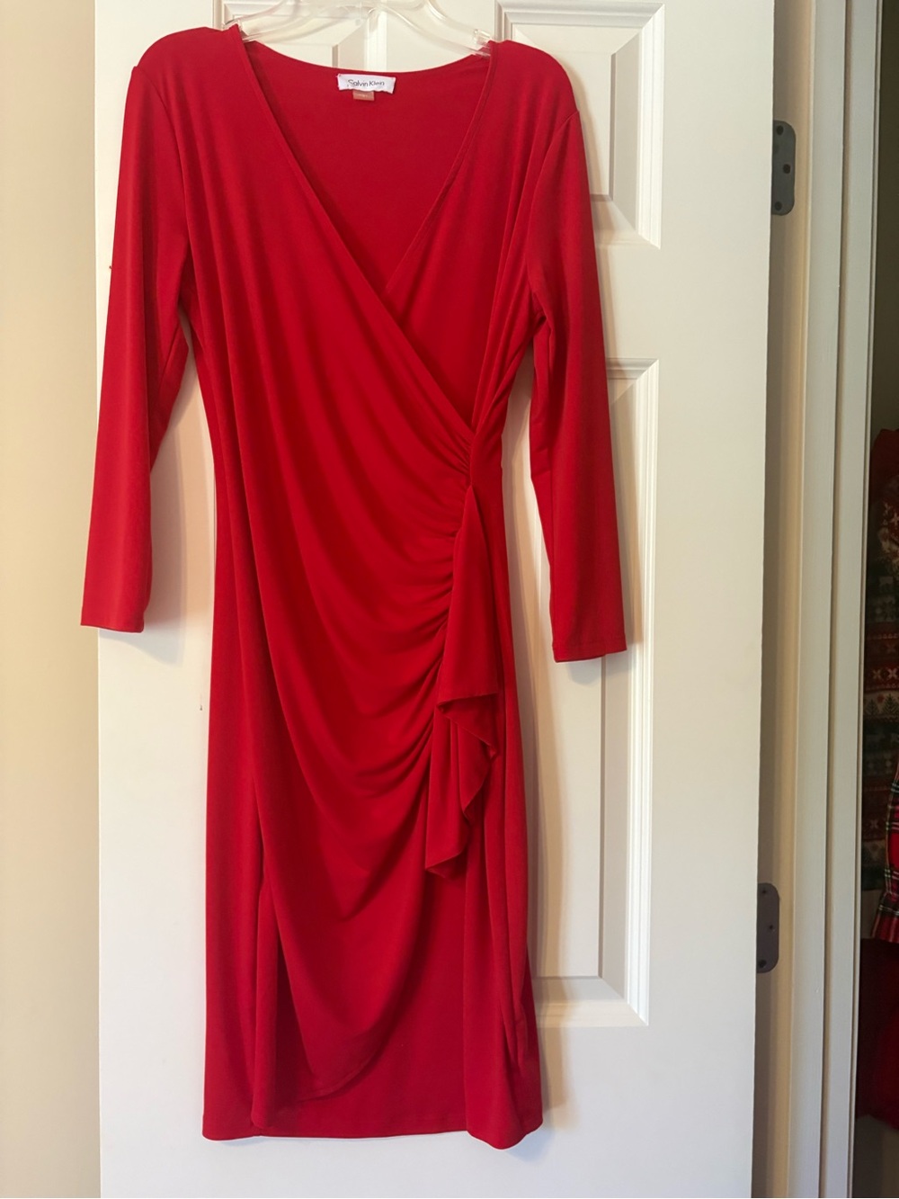 Calvin Klein Red Faux-Wrap Long Sleeve Ruched Dress